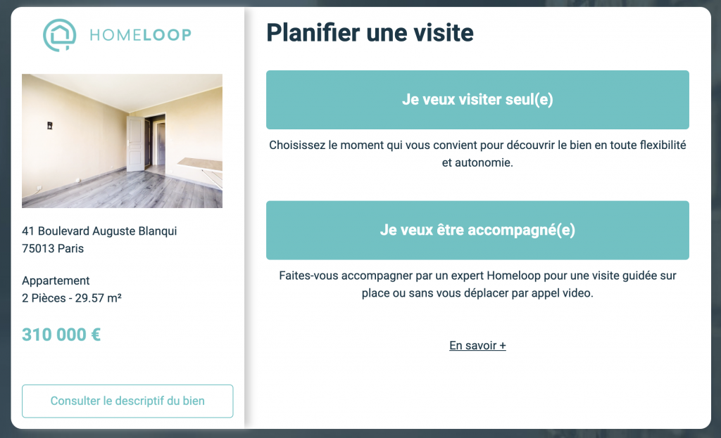 Parcours utilisateur de la visite autonome Homeloop